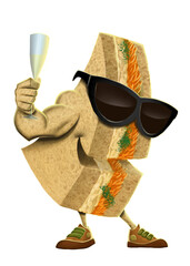 A character based on a natural Brazilian sandwich with a glass of sparkling wine in hand