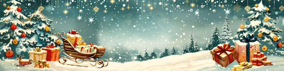 Banner with magical winter scene with a snowy castle, festive sleigh with gifts, pine trees, and sparkling lights, creating a serene holiday atmosphere