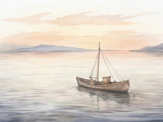 Naklejka premium Peaceful watercolor seascape of a wooden boat drifting in calm waters during a serene sunset, with distant mountains in the backdrop.