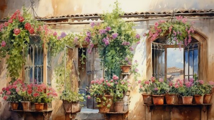 Fototapeta premium Italian window and balcony facade with flowers front view watercolor painting