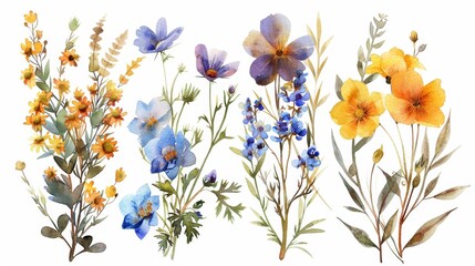 The image shows a watercolor painting of blue and yellow wildflowers.