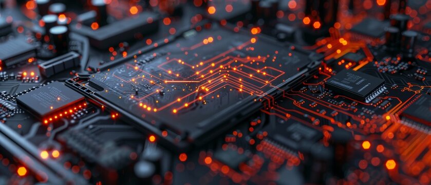 Microchip with glowing highlights on a precise motherboard
