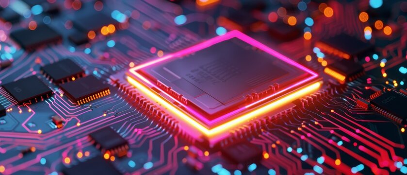 Microchip with glowing highlights on a precise motherboard