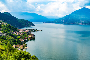 Fototapeta premium Panorama of Lake Como, with Tremezzina, Menaggio, Bellano, photographed from the village of Verginate.