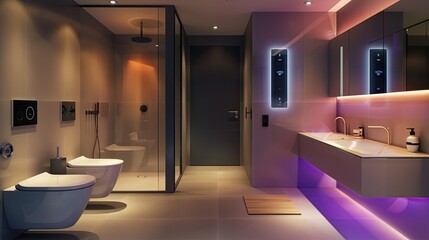 high-tech bathroom with voice-activated lights and temperature control, a smart toilet, and a minimalist basin with automatic faucets