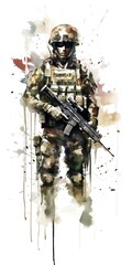 Artistic watercolor of a soldier standing with a rifle, showcasing military gear and camouflage, blending artistic elements and realism.