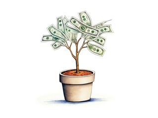 Illustration of a money tree with dollar bills as leaves in a pot, symbolizing financial growth and investment opportunity.