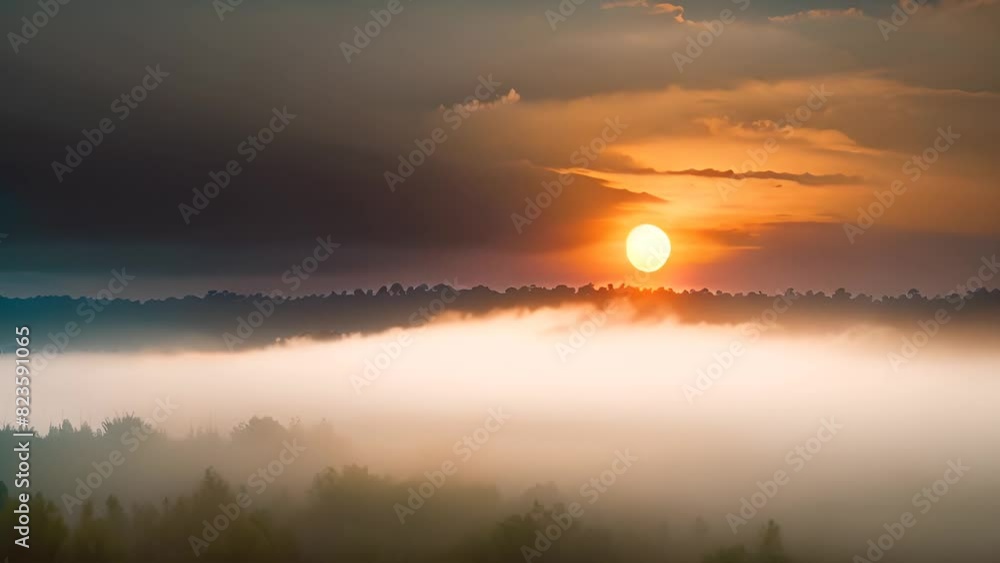 Poster sun setting over foggy field generative ai
