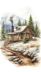 Charming winter cabin in a snowy forest with smoke rising from the chimney, surrounded by pine trees and mountains in the background.