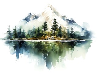 Stunning watercolor painting of a mountain landscape with pine trees and calm lake reflecting the serene beauty of nature.