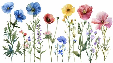 Fototapeta premium The image shows a variety of flowers, including poppies, cornflowers, and daisies
