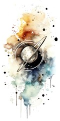 Abstract watercolor painting of a planet with rings and cosmic elements, blending vibrant colors and celestial themes in artistic expression.
