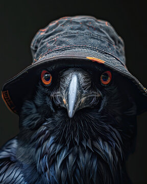 head of a craw wearing a bucket hat 