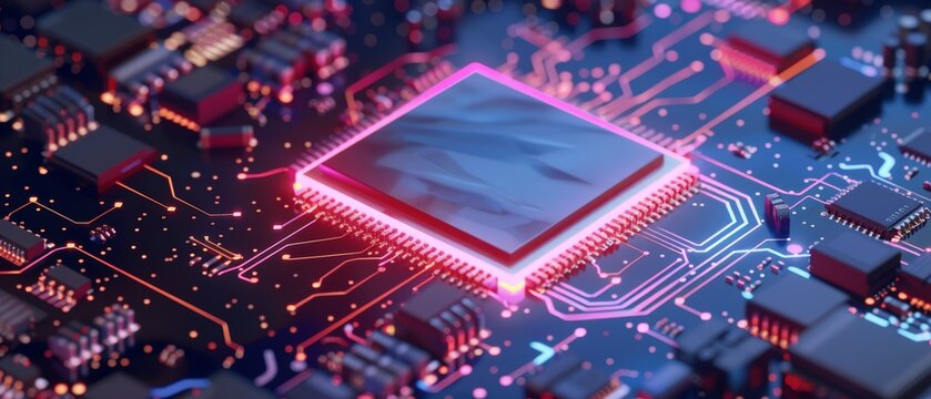 Highlighted microchip on a motherboard with visible electronic components