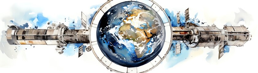 Artistic illustration of Earth with surrounding futuristic space station, blending watercolor and technical details.