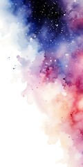 Colorful watercolor galaxy with vibrant hues of blue, purple, and pink splashed across a white background. Perfect for creative designs and art.