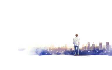 Man gazing at the city skyline, surrounded by abstract blue and white watercolor effects, symbolizing dreams and possibilities.