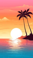 Stunning tropical sunset with palm trees silhouetted against vibrant orange and pink sky, reflecting over tranquil ocean waters.