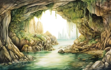 Beautiful serene cave with greenery, rocks, and calm water. Sunlight filters through, creating a peaceful and enchanting atmosphere.