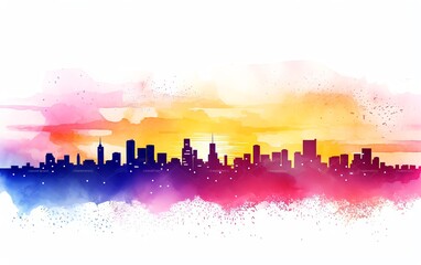 Vibrant watercolor cityscape silhouette with a stunning blend of orange, pink, and purple hues highlighting the skyline against a white background.
