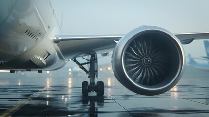 Close-up view of jet engine and aircraft wing on commercial airplane during takeoff or landing