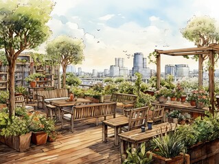 Rooftop garden cafe with wooden furniture, lush plants, and city skyline view. Perfect urban escape for relaxation and fresh air.