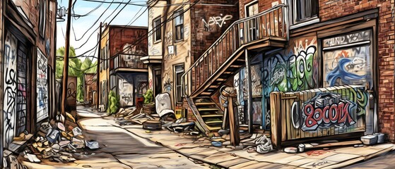Urban alleyway with graffiti-covered walls and dilapidated buildings, showcasing a gritty street scene filled with decay and urban art.