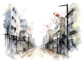 Abstract watercolor painting of an urban street with buildings, evoking a sense of solitude and desolation.