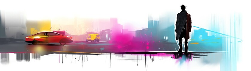 Cityscape art with silhouette of a man walking and colorful street lights, blending urban life with vibrant abstract elements.