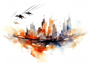 Abstract watercolor painting of a futuristic city skyline with flying airplanes, featuring vibrant oranges, blues, and whites.