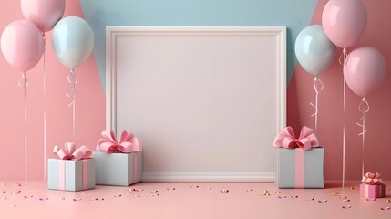 White frame background, birthday themed, balloons and gifts on the side of it, pink wall behind it.
