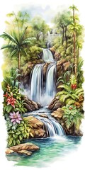Beautiful tropical waterfall in a lush jungle, surrounded by vibrant flowers and greenery. Serene nature scene perfect for relaxation and meditation.