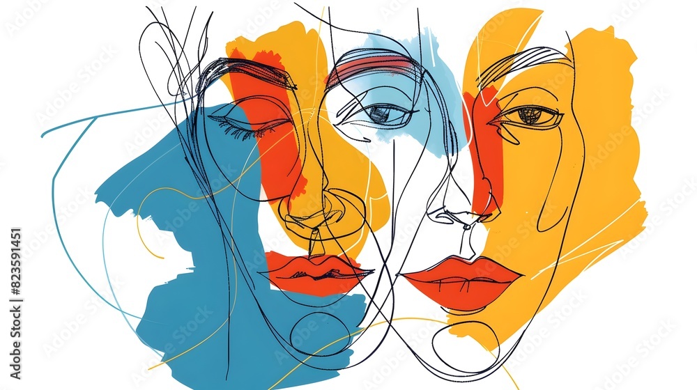 Poster vibrant abstract faces expressing emotions through minimalist lines and color