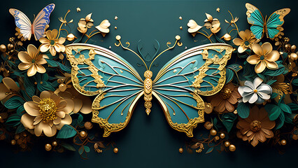 butterfly，3d wallpaper abstract floral background with green flowers and golden butterfly mural for interior home