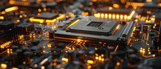 Glowing integrated circuit on a motherboard showcasing precision technology