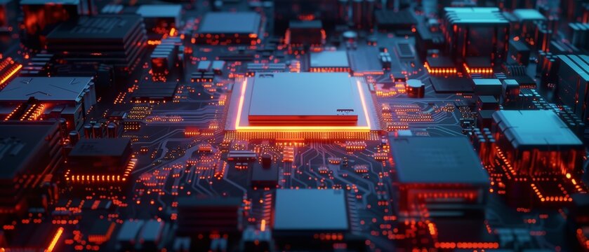 Glowing integrated circuit on a motherboard showcasing precision technology