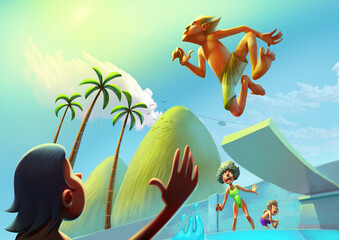 man jumping into the pool and people look scared, in the background there is a landscape of mountains and sky