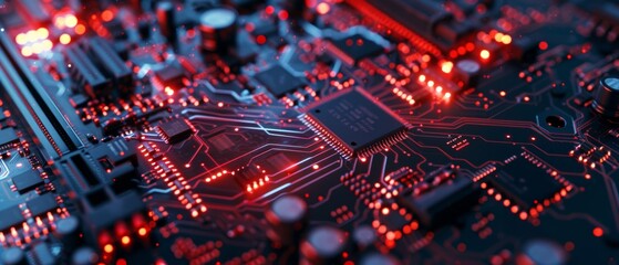 Detailed view of a glowing integrated circuit on a computer board