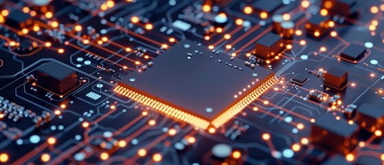 Detailed view of a glowing microchip on a sophisticated electronic board