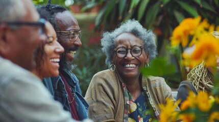Close-up of a diverse group of neighbors chatting and laughing in a communal garden