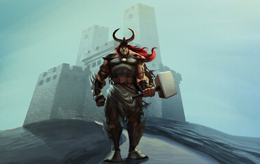 A terrifying Viking warrior with his warhammer in front of a medieval castle