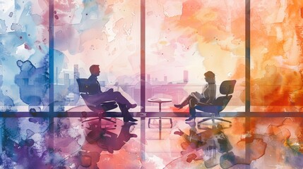 Two business people sitting in chairs in a modern office, looking out at the city. The image is painted in a watercolor style, with bright colors and a sense of movement.