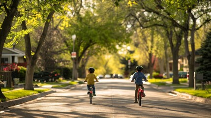 Children riding bicycles along quiet residential streets lined with trees