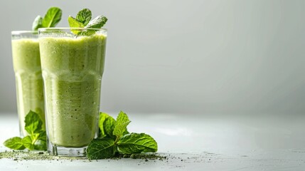 Creamy matcha smoothies with mint in clear glasses on white background.