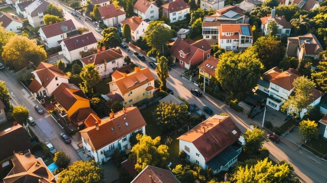 Wide-angle shot of a vibrant suburb showcasing its diversity and liveliness
