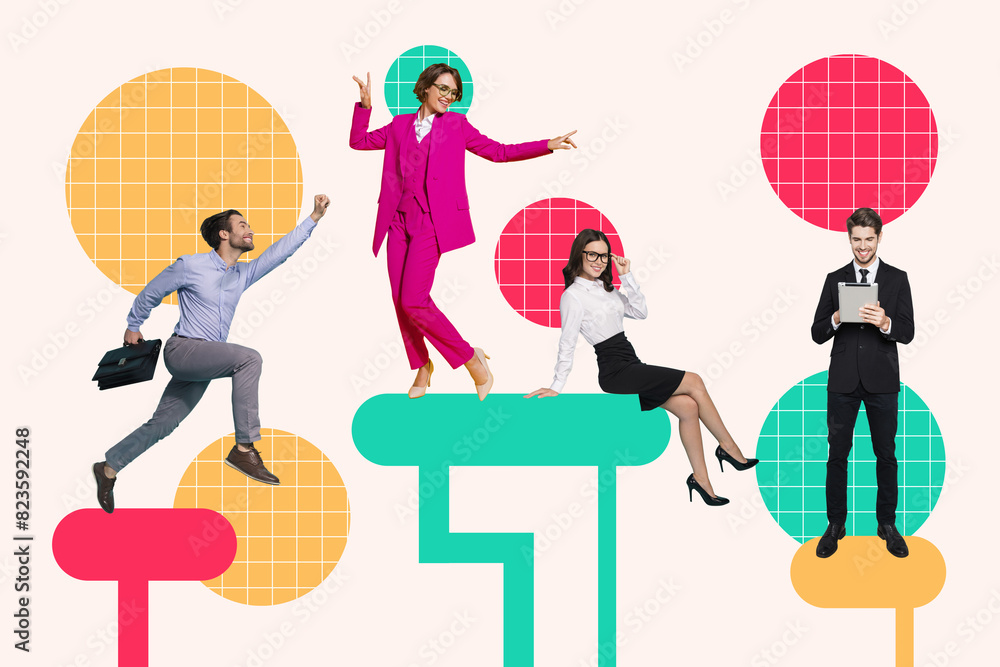 Aufkleber Collage 3d image of pinup pop retro sketch of funny teamwork career achieve working process unusual fantasy billboard comics