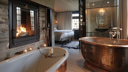 luxury bathroom with a double-sided fireplace visible from the bedroom and bathroom, a freestanding copper tub, and vintage-style taps