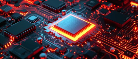 Obraz premium Closeup view of a glowing computer chip on a detailed motherboard