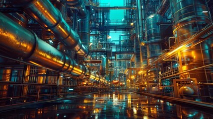 Obraz premium Bustling interior of a petrochemical refinery with pipes, tanks, control rooms