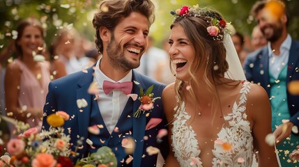 Joyful Newlywed Couple Laughing Under Confetti Shower - AI Generative